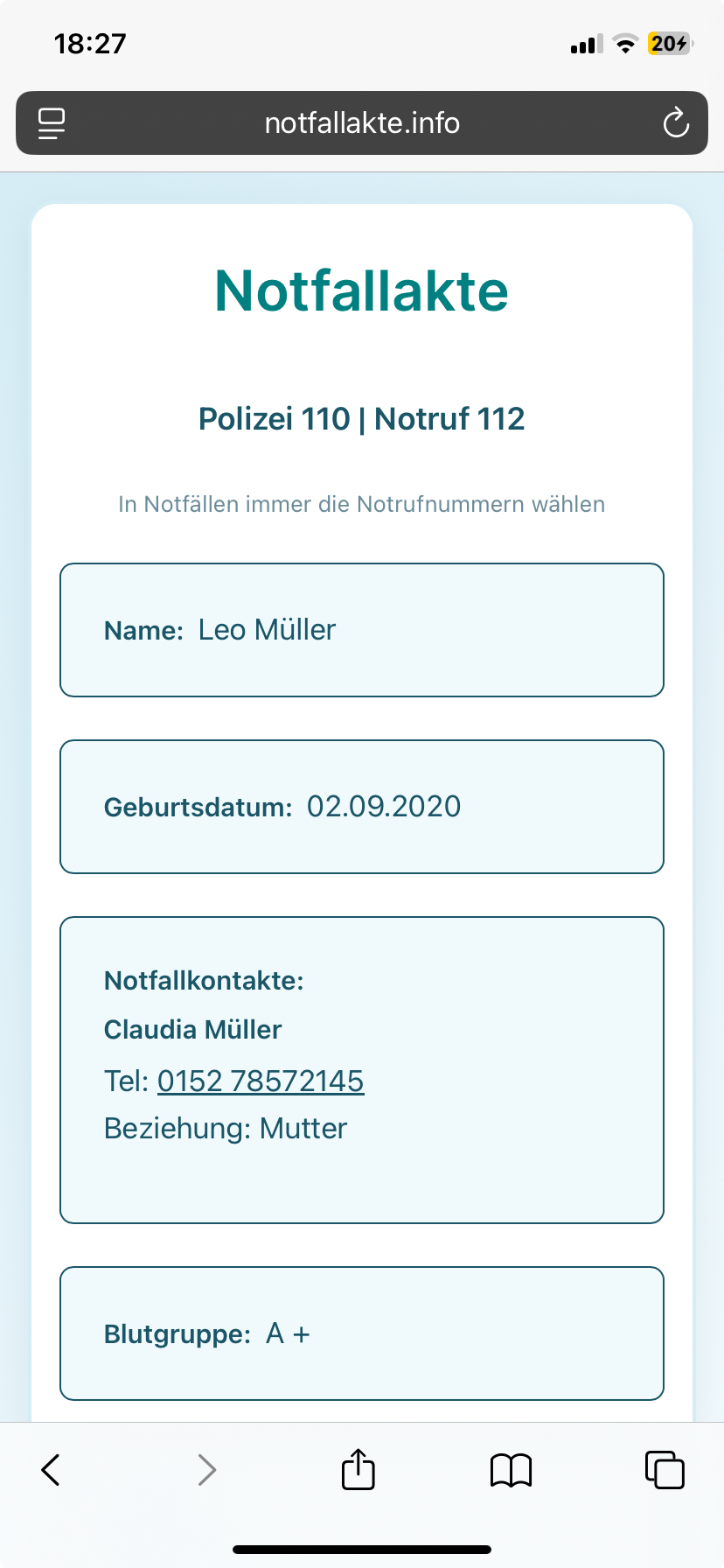 Vorschau der digitalen Notfallakte (NFC SOS-Anhänger) für Leo Müller mit Notfallkontakten, Medikamenten und Blutgruppe