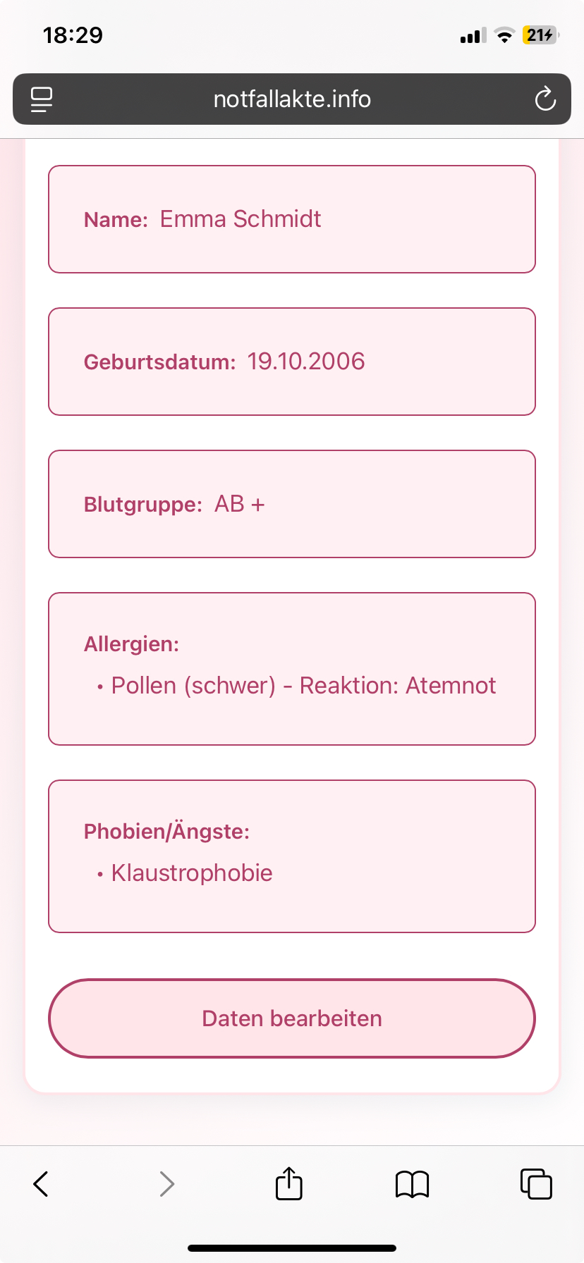 Vorschau der digitalen Notfallakte (NFC Notfallpass) für Emma Schmidt mit Allergien, Phobien und Notfallkontakten