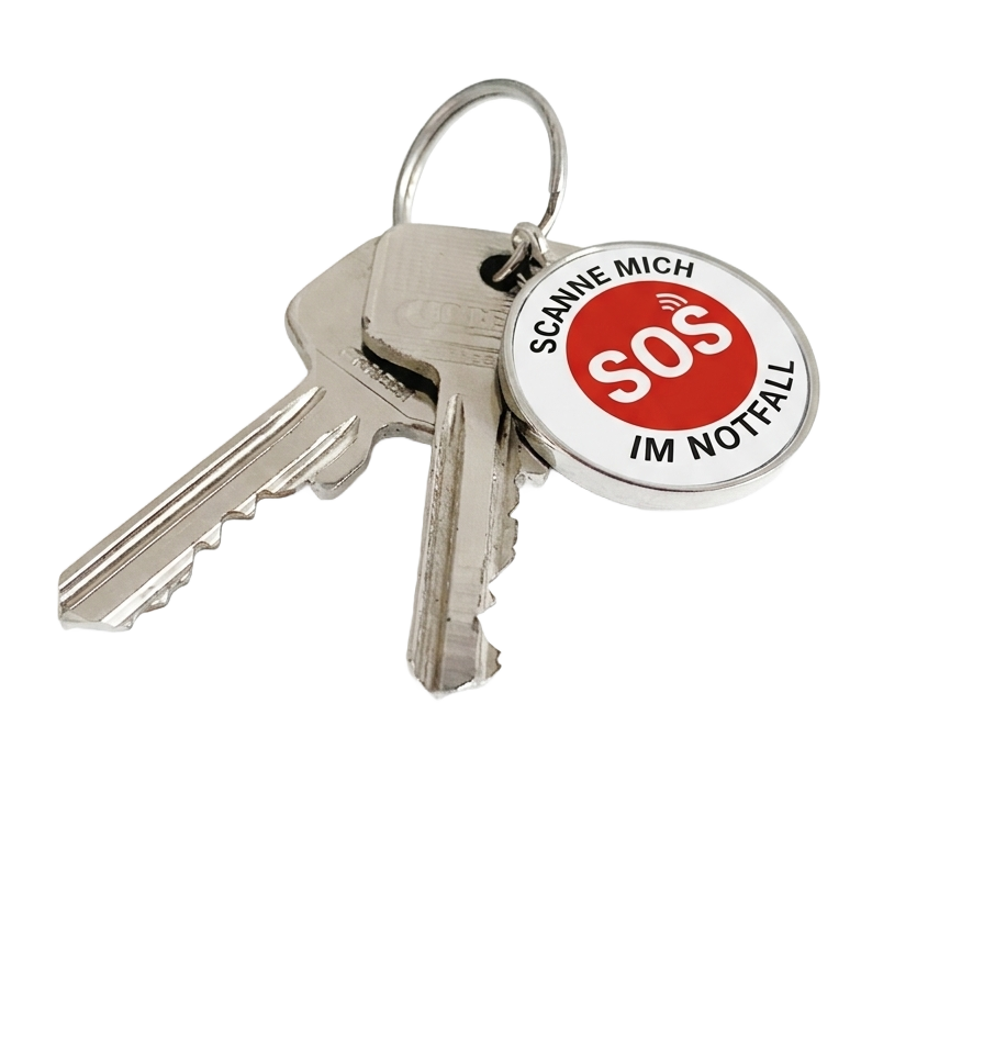 Notfallakte SOS-Anhänger mit NFC-Chip am Schlüsselbund – digitale Notfalldaten für Ersthelfer sofort abrufbar